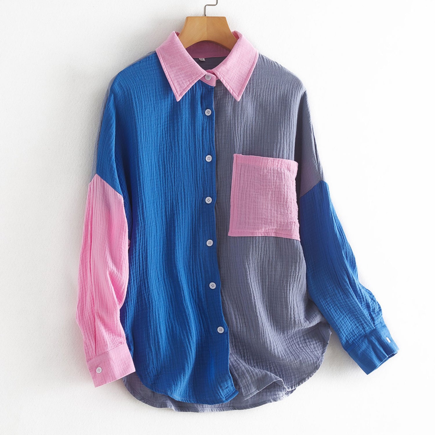 Shirt  | Women's Color Contrast Patchwork Drop-shoulder Long-sleeve Shirt | Blue And Gray |  L| thecurvestory.myshopify.com