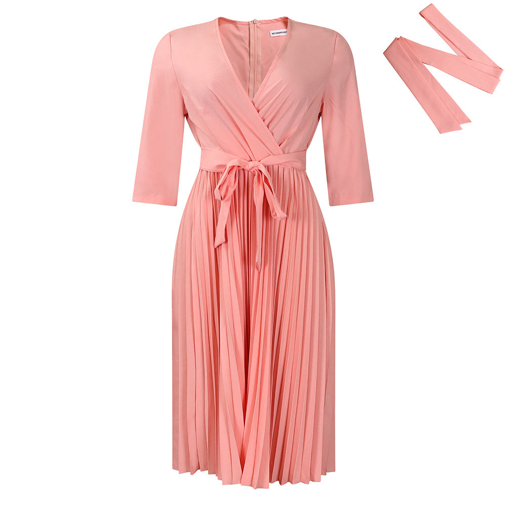 Dress  | Women Plus Size Temperament Leisure Elegant Solid Color Long Sleeve Dress | Pink |  L| thecurvestory.myshopify.com