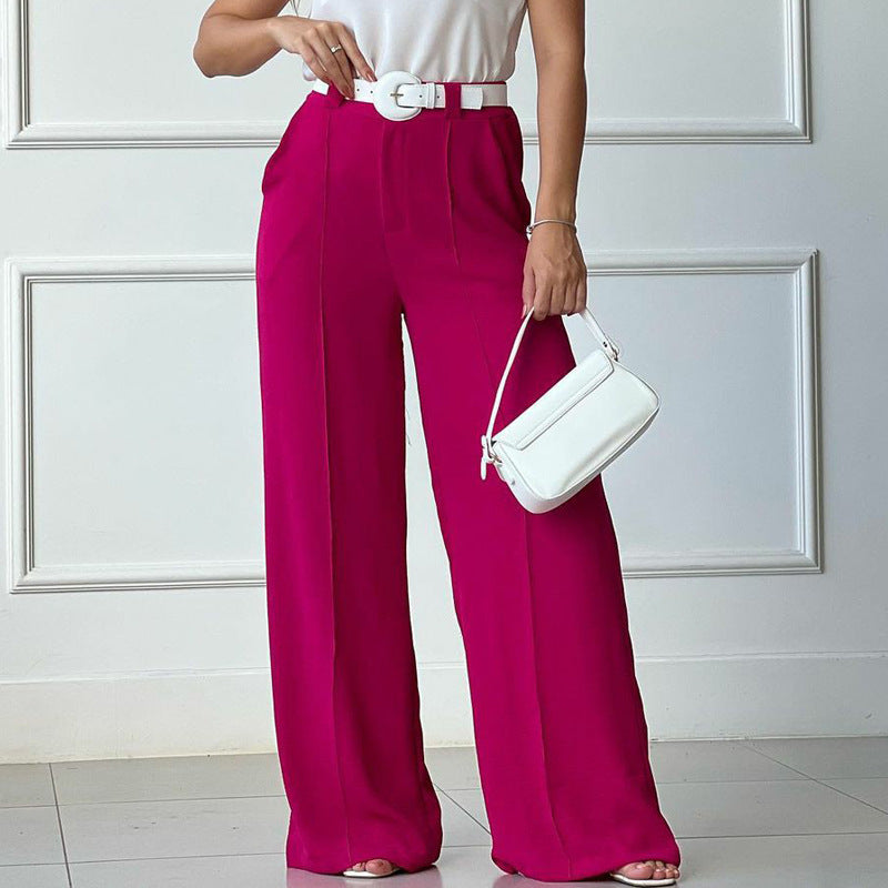 Pants  | Solid Color Loose Pleated Wide-leg Casual Pants | Rose Red |  2XL| thecurvestory.myshopify.com