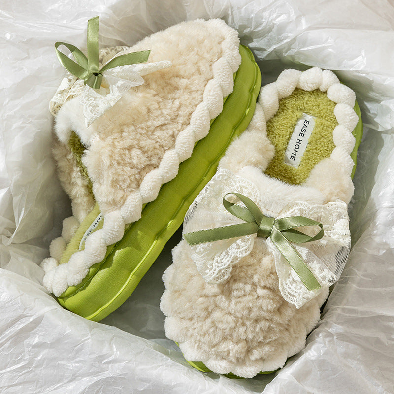 Slippers  | Women lacey bow warm slip-ons | Green |  36to37| thecurvestory.myshopify.com