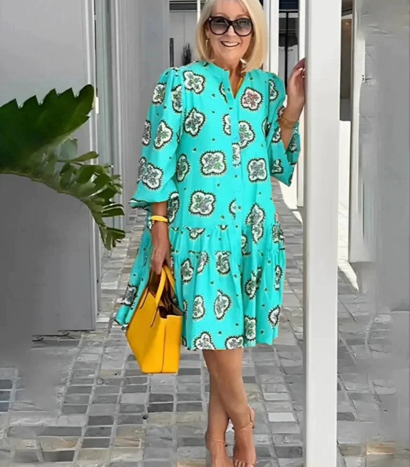 Dress  | Women's Casual All-matching Printed Puff Sleeve Dress | Green |  L| thecurvestory.myshopify.com
