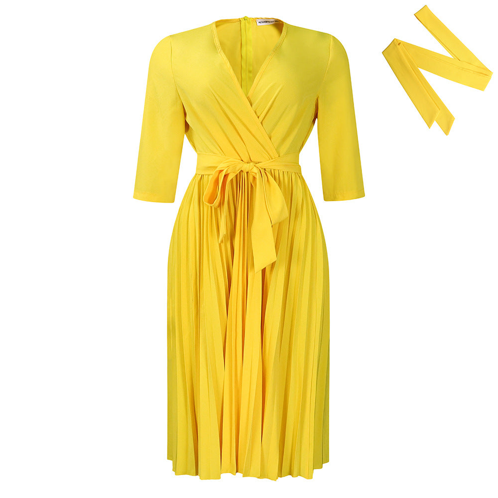 Dress  | Women Plus Size Temperament Leisure Elegant Solid Color Long Sleeve Dress | Yellow |  L| thecurvestory.myshopify.com