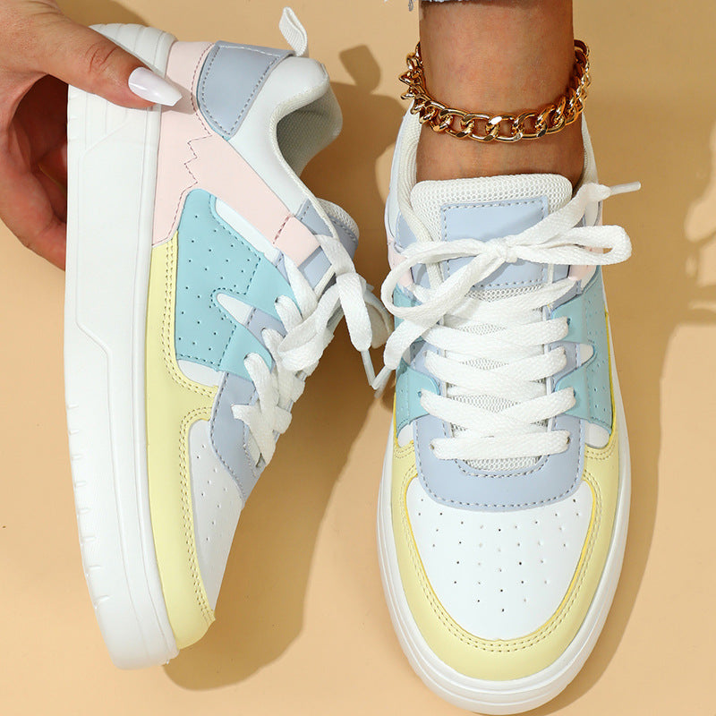 Sneakers  | Women Lace-up Outdoor Multi Color Casual Flat Shoes | White And Yellow |  35| thecurvestory.myshopify.com