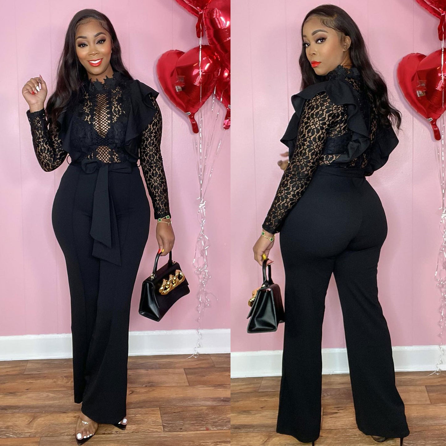 Sensational See-through Lace Stitching Elastic Hip Wide Leg Jumpsuit for Alluring Elegance