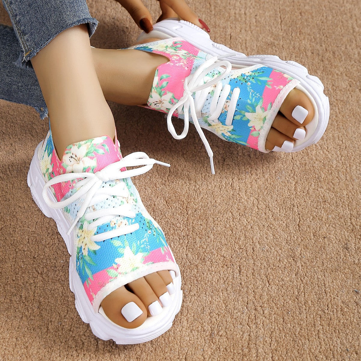 sandals  | Print Lace-up Sports Sandals Summer Peep Toe Casual Mesh Shoes | [option1] |  [option2]| thecurvestory.myshopify.com