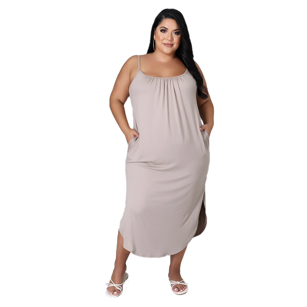 Dress  | Women Plus Size Spaghetti Strap Solid Color Wrapped Dress | Apricot |  3XL| thecurvestory.myshopify.com