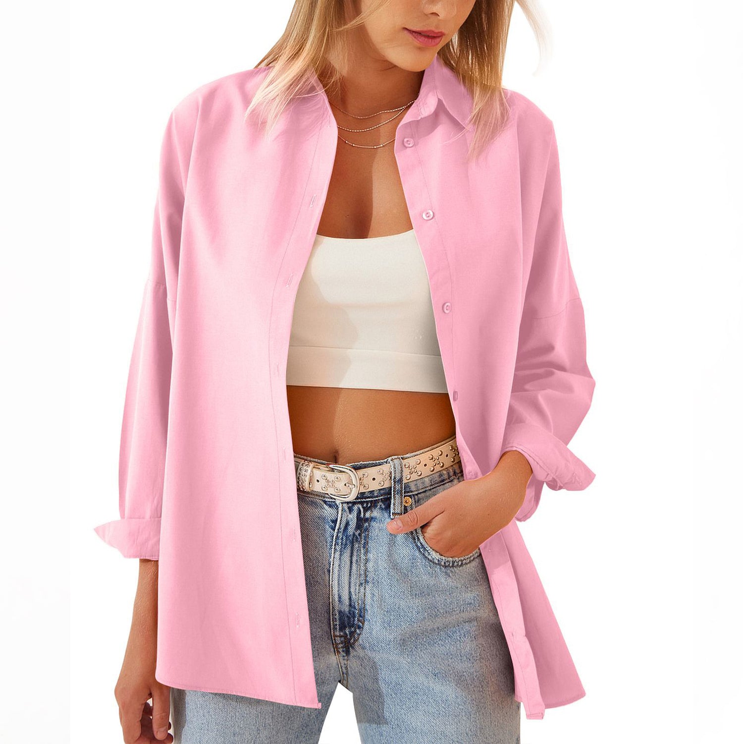Shirt  | Women's Shirt Jacket Long Sleeve Blouse Button Down Tops Candy Color Shirt | Pink |  2XL| thecurvestory.myshopify.com