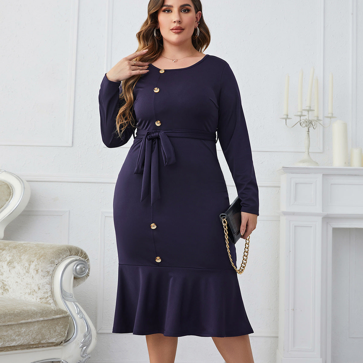 Dress  | Women Plus Size Long Sleeve Belt Long Sheath Fishtail Skirt Dress | Navy Blue |  4XL| thecurvestory.myshopify.com