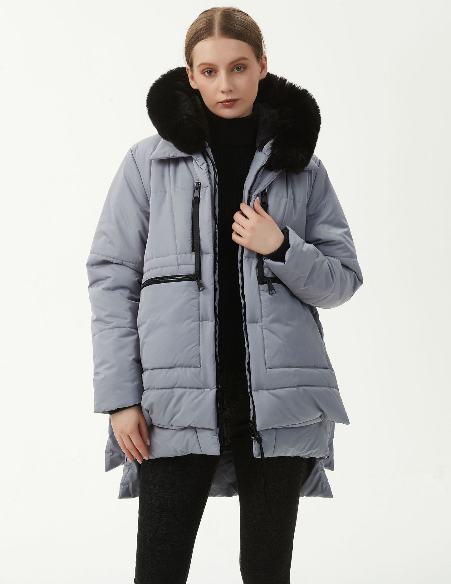 jackets  | Women's Casual Hooded Middle Long Cotton-padded Coat | Light Gray |  L| thecurvestory.myshopify.com