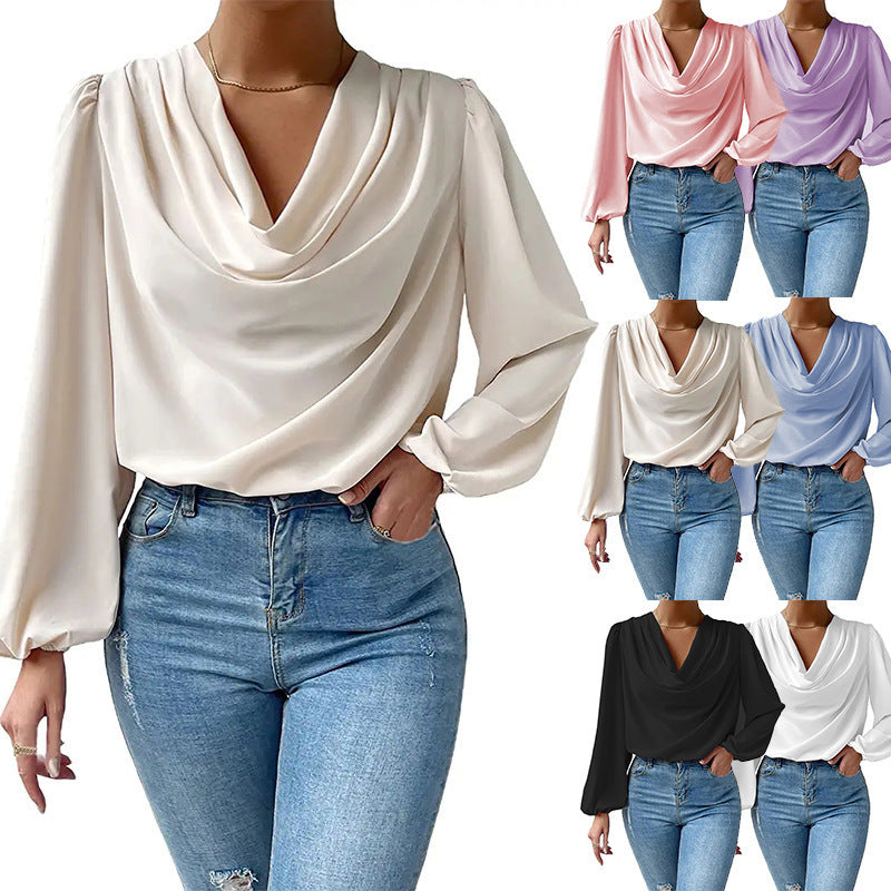 Tops  | Chiffon Long-sleeved Shirt Loose V-neck Top T-shirt Women's Clothing | [option1] |  [option2]| thecurvestory.myshopify.com