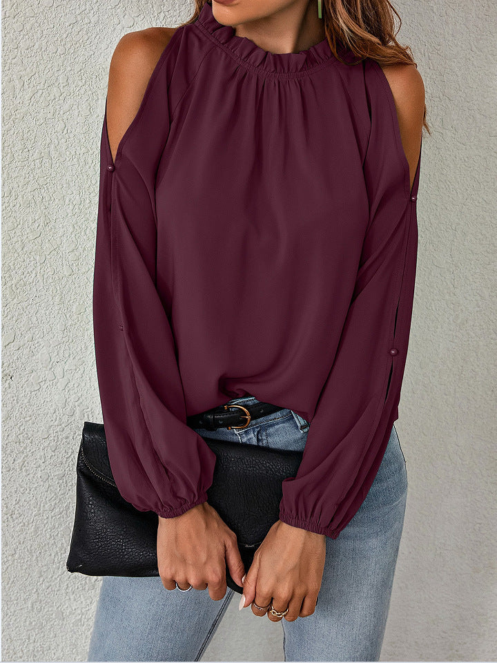 Tops  | Ruffle Round Neck Long Sleeve Pleated Off-shoulder Top | Wine Red |  2XL| thecurvestory.myshopify.com