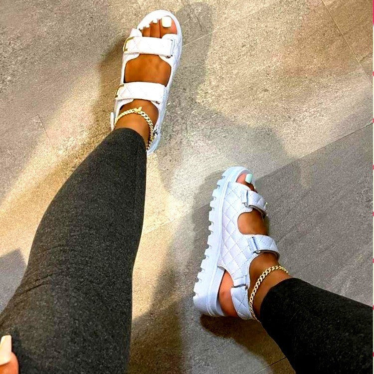 Platform sandals  | Women's Classic Style Plaid Velcro platform sandals | White |  36| thecurvestory.myshopify.com