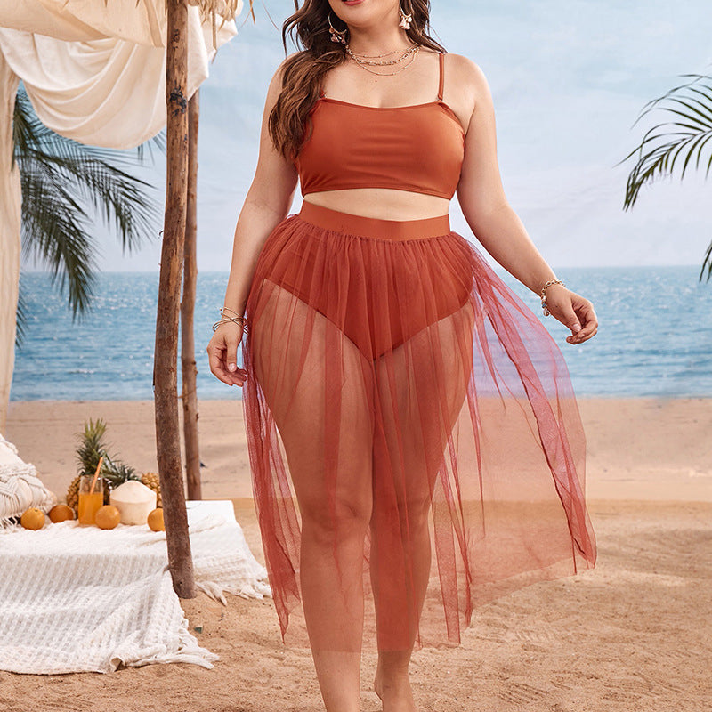 Swimsuit  | Plus Size Bikini Split Swimsuit Mesh Skirt | Orange |  2XL| thecurvestory.myshopify.com