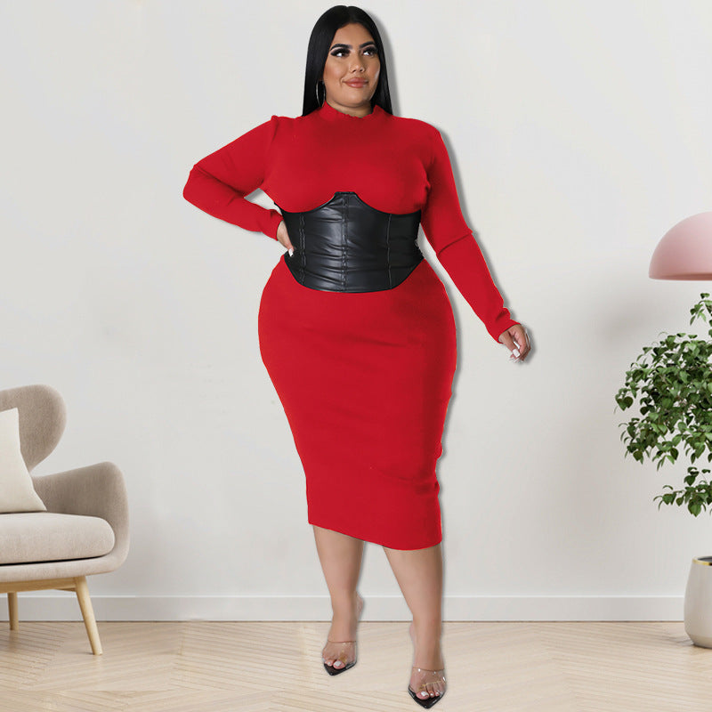 Dress  | Fall Plus Size Women's Zipper Hit Leather Dress | Red |  2XL| thecurvestory.myshopify.com