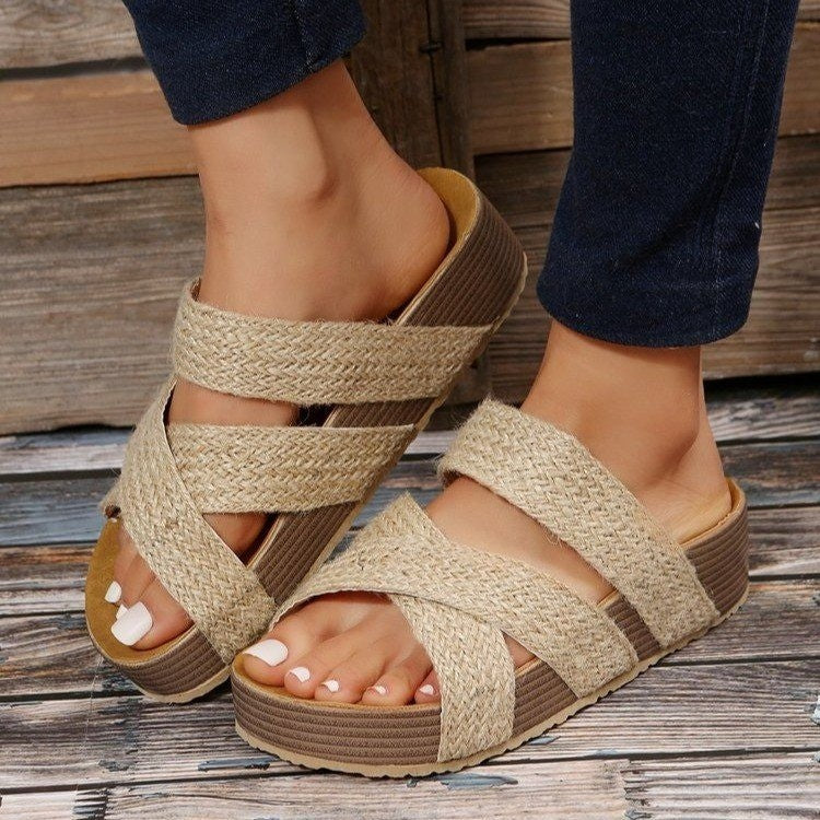 Platform sandals  | Woven Cross-strap Slippers Platform Sandals | Beige |  Size35| thecurvestory.myshopify.com
