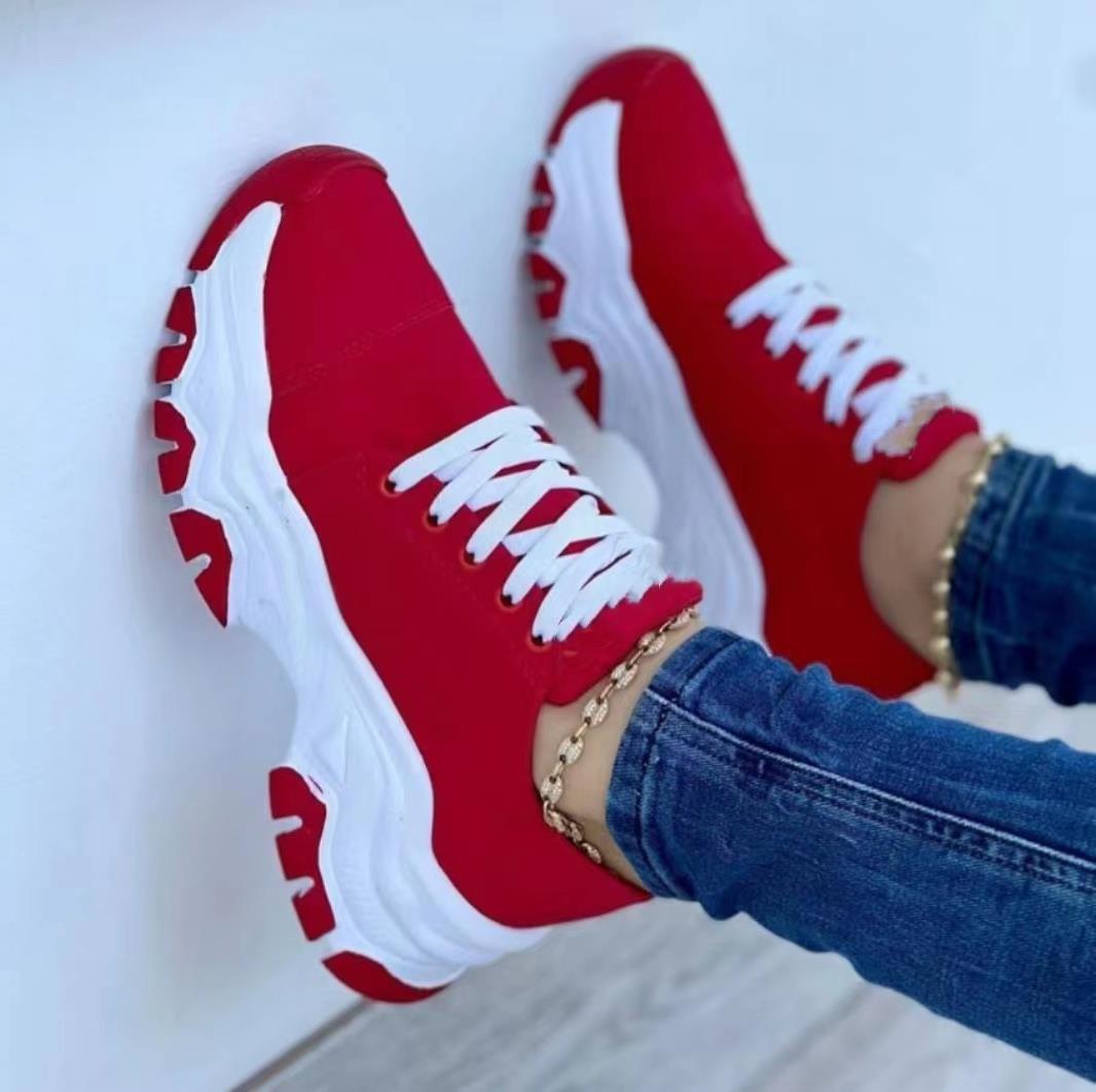 sneakers  | Platform Sport Flats Shoes Lace-up Sneaker Outdoor Walking Casual Shoes Women | Red |  Size36| thecurvestory.myshopify.com