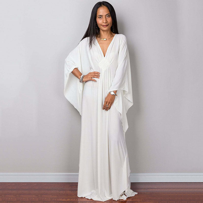 Dress  | Free Size  Chest Woven Loose Plus Size Beach Cover-up Robe Vacation | White |  Free Size| thecurvestory.myshopify.com