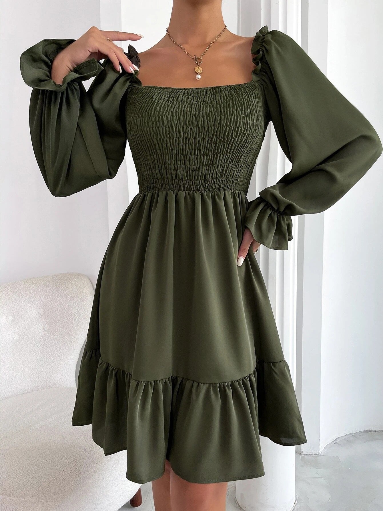 dresses  | Flared Long Sleeve Dresses Women Square Neck Ruffled Swing Dress | Army Green |  L| thecurvestory.myshopify.com