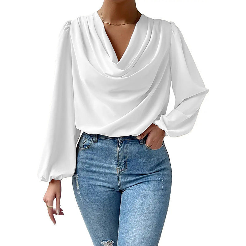 Tops  | Chiffon Long-sleeved Shirt Loose V-neck Top T-shirt Women's Clothing | White |  3XL| thecurvestory.myshopify.com