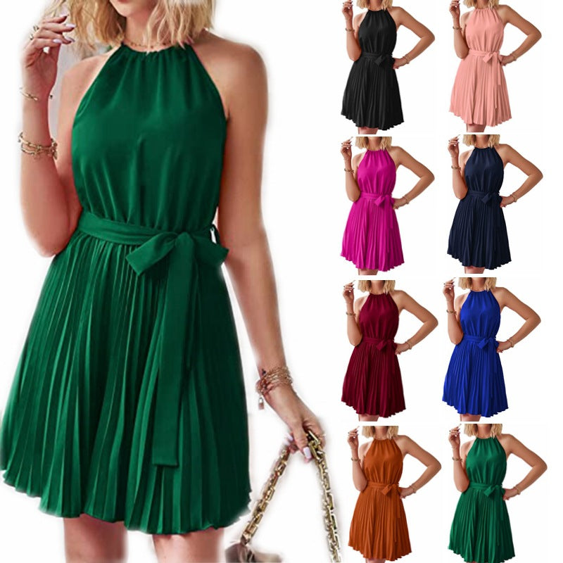 dresses  | Halter Strapless Dresses For Women Solid Pleated Skirt Summer Beach Sundress | [option1] |  [option2]| thecurvestory.myshopify.com