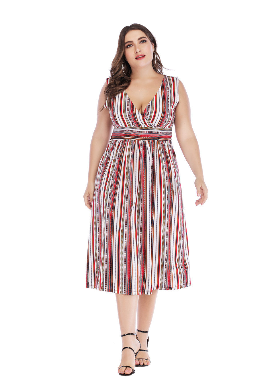 Dress  | Plus Size V-neck Striped Waist Slim-fit Sleeveless Long Dress | Red Stripes |  2XL| thecurvestory.myshopify.com