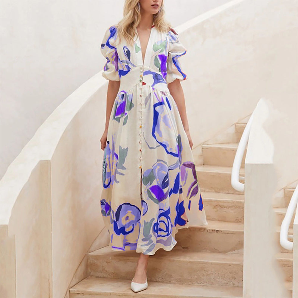 dresses  | Print Dresses For Women Summer V-neck Button Short Sleeve Dress | Blue |  L| thecurvestory.myshopify.com
