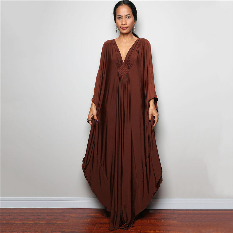 Dress  | Free Size  Chest Woven Loose Plus Size Beach Cover-up Robe Vacation | Red Coffee |  Free Size| thecurvestory.myshopify.com