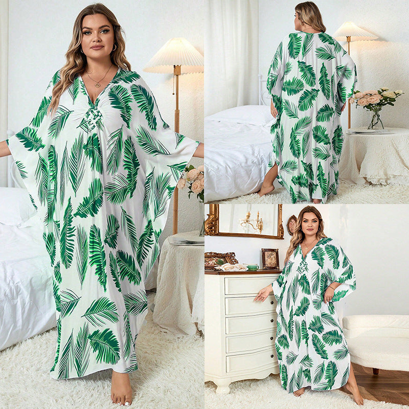 Dress  | Loose Plus Size Robe Vacation Beach Coat | Green Leaves |  Free Size| thecurvestory.myshopify.com