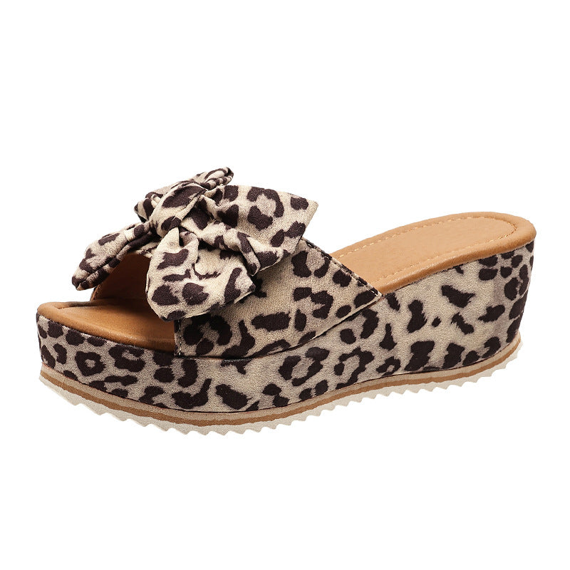 Platform sandals  | Fashion Bow Leopard Print Wedge Slippers For Women | Black Leopard |  Size36| thecurvestory.myshopify.com