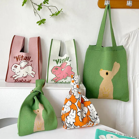 Rabbit Knitted Shoulder Bag Large Capacity Tote - Image #1