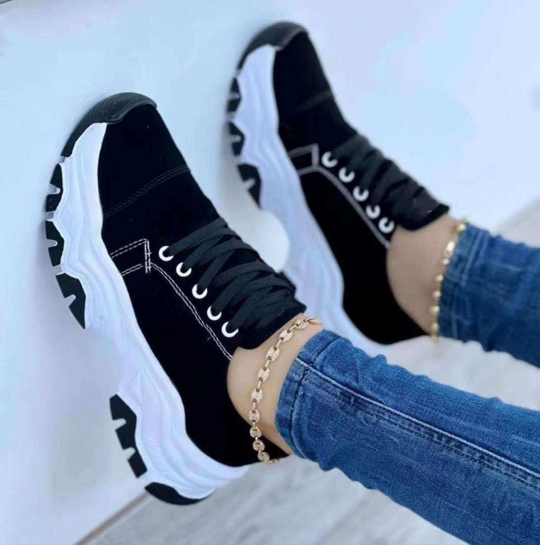 sneakers  | Platform Sport Flats Shoes Lace-up Sneaker Outdoor Walking Casual Shoes Women | Black |  Size36| thecurvestory.myshopify.com