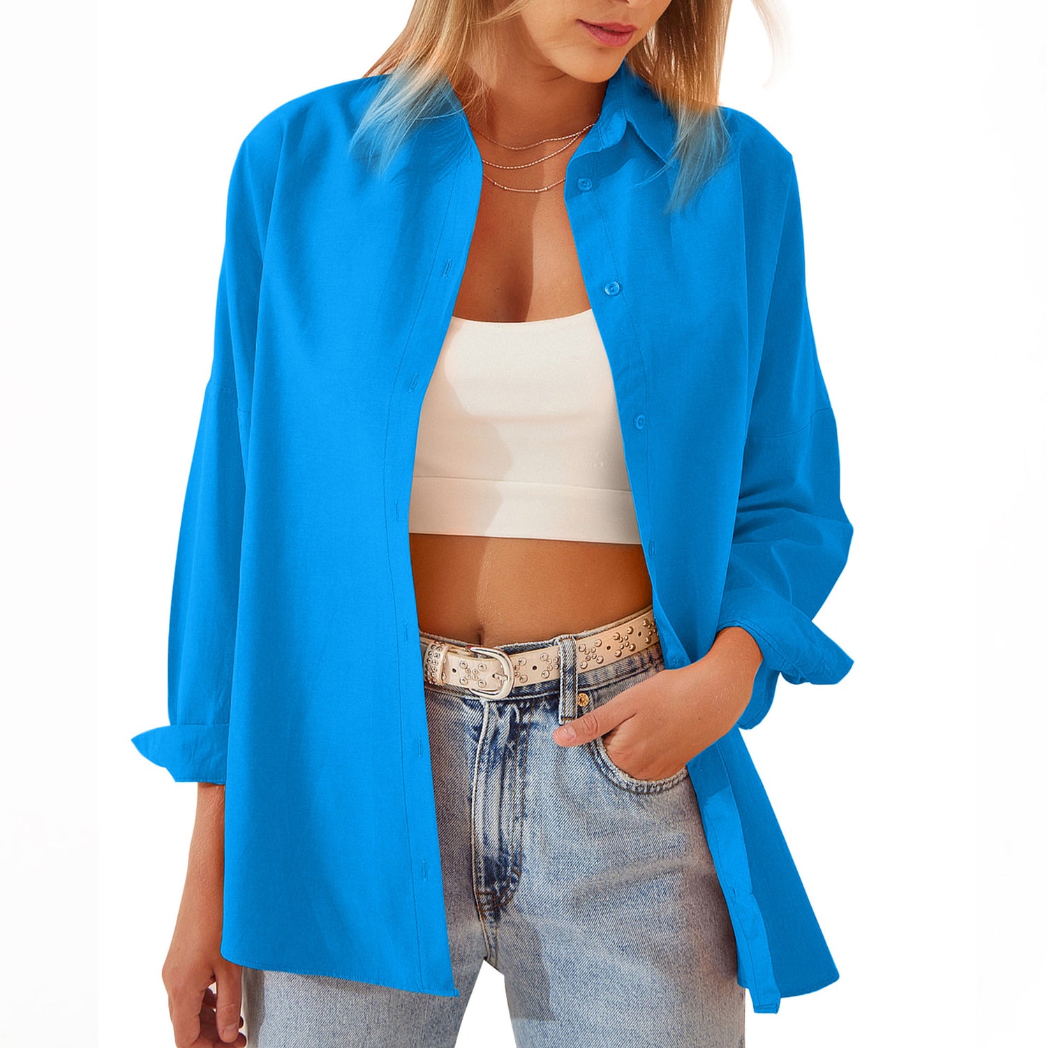 Shirt  | Women's Shirt Jacket Long Sleeve Blouse Button Down Tops Candy Color Shirt | Color Blue |  2XL| thecurvestory.myshopify.com