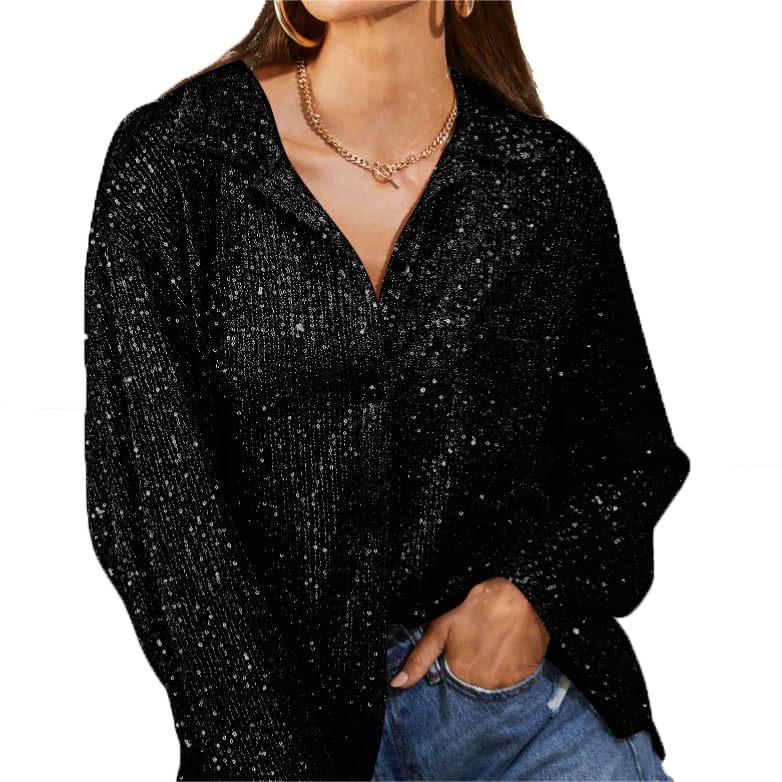 Chic Sequined Long Sleeve Lapel Shirt for Effortless Leisure and Timeless Temperament