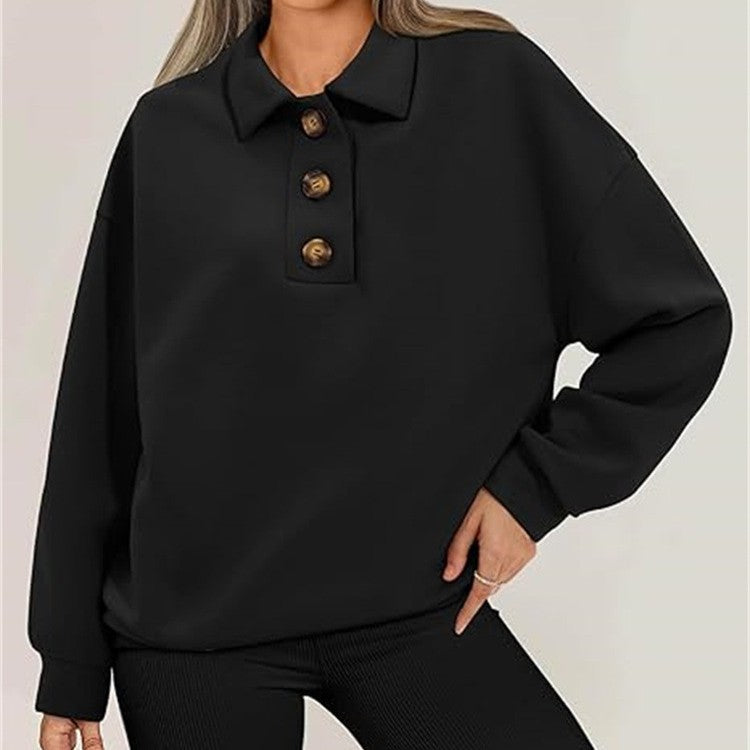 SweatShirt  | Solid Color Polo Collar Loose Long Sleeve Sweatershirt | |  | thecurvestory.myshopify.com