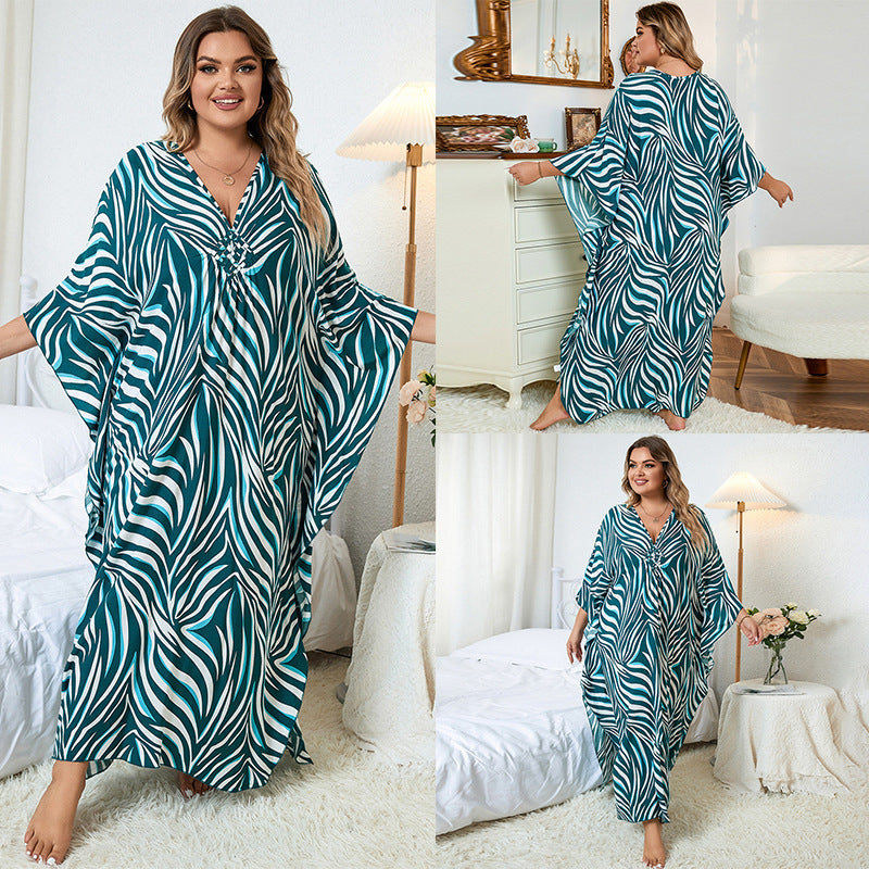 Dress  | Loose Plus Size Robe Vacation Beach Coat | Green And White |  Free Size| thecurvestory.myshopify.com