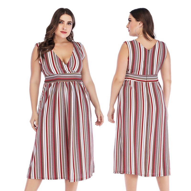 Dress  | Plus Size V-neck Striped Waist Slim-fit Sleeveless Long Dress | |  | thecurvestory.myshopify.com