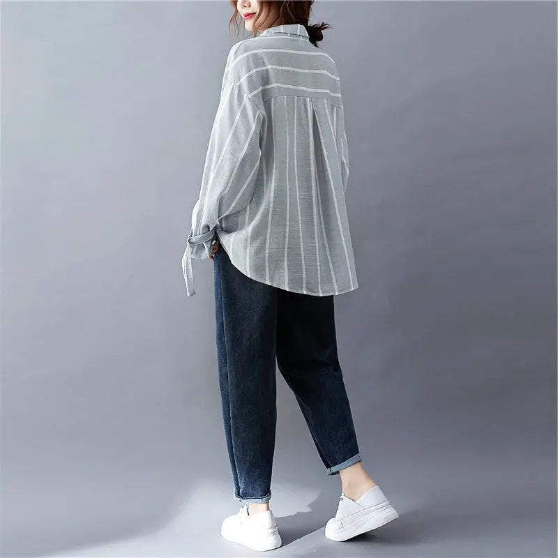 [product_type]  | Loose And Slim Striped V-neck Long-sleeved Shirt | [option1] |  [option2]| thecurvestory.myshopify.com