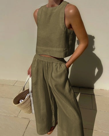 Jumpsuit  | Loose Solid Color Sleeveless Shirt And Trousers Two-piece Set | Olive color |  L| thecurvestory.myshopify.com