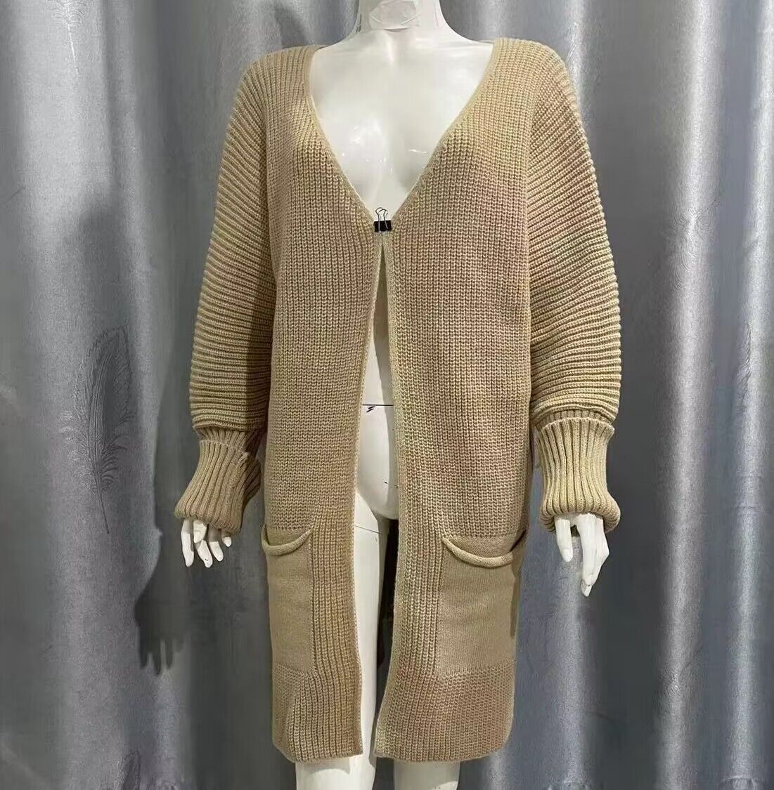 cardigans  | New Solid Color Loose Knitted Sweater Mid-length Coat | Khaki |  L| thecurvestory.myshopify.com