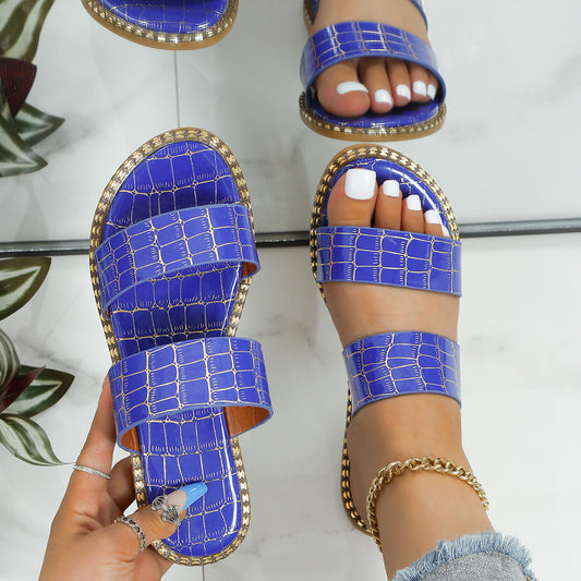 sandals  | Stone Textured Slippers Women Flat Sandals Summer Outdoor Beach Shoes | Blue |  Size36| thecurvestory.myshopify.com