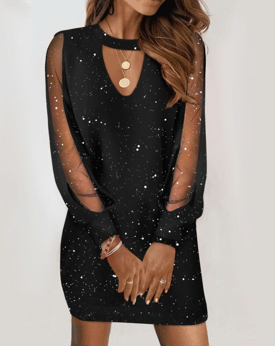 Dress  | Long-sleeved V-neck Lace Splicing Dress For Women | Black Hot Stamping |  L| thecurvestory.myshopify.com