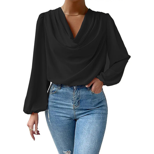 Tops  | Chiffon Long-sleeved Shirt Loose V-neck Top T-shirt Women's Clothing | Black |  3XL| thecurvestory.myshopify.com