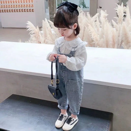 Girl Dress  | Girls Denim Overalls And Lace Shirt Two-piece Suit | thecurvestory.myshopify.com