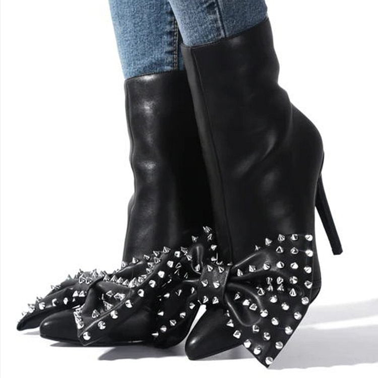 Boots  | Women Studded bow High heeled Ankle boots | Black |  35| thecurvestory.myshopify.com
