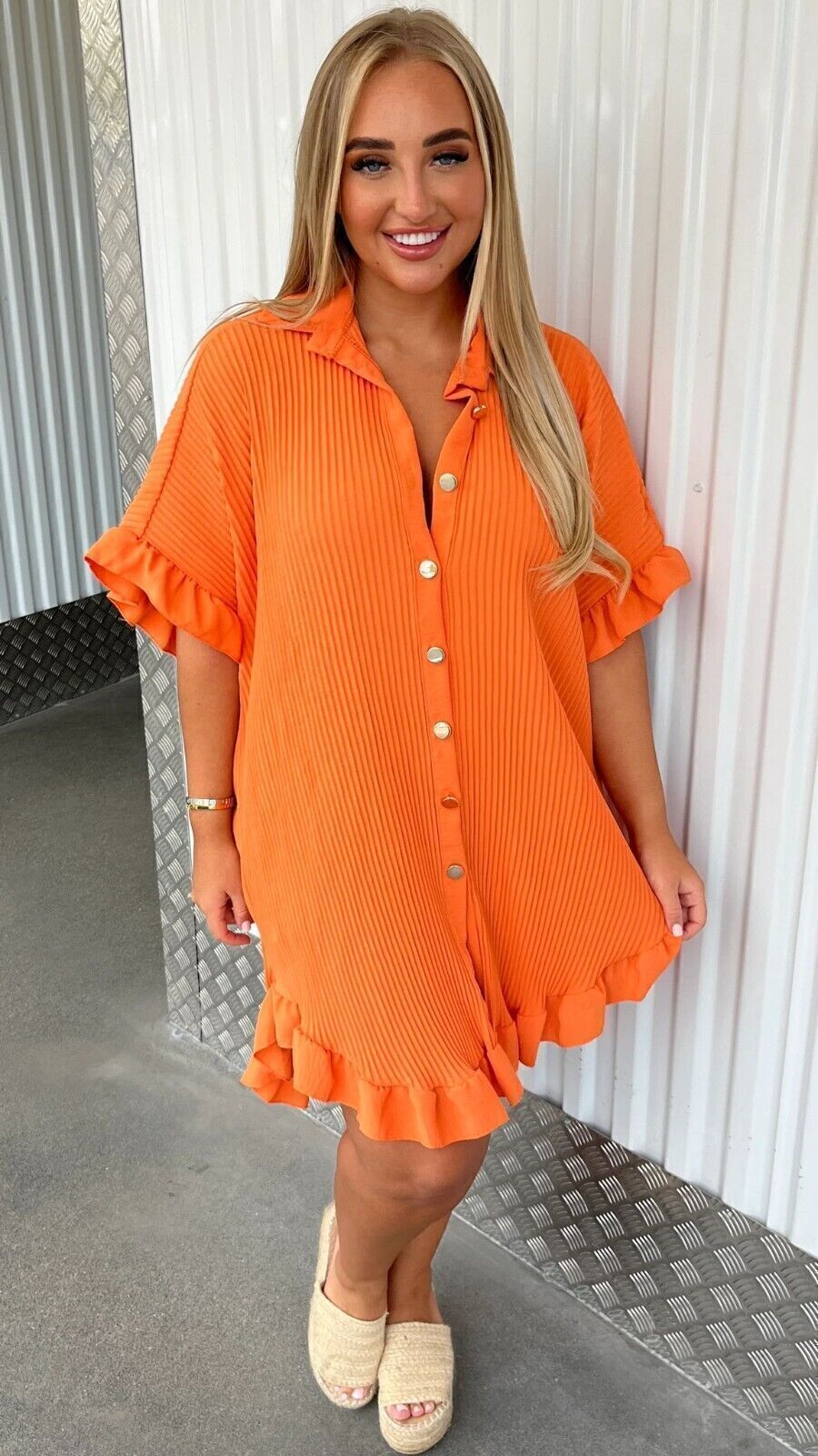 Dress  | Summer Solid Color Shirt Dress Ruffle Sleeve Irregular Shirt Dress | Orange |  3XL| thecurvestory.myshopify.com