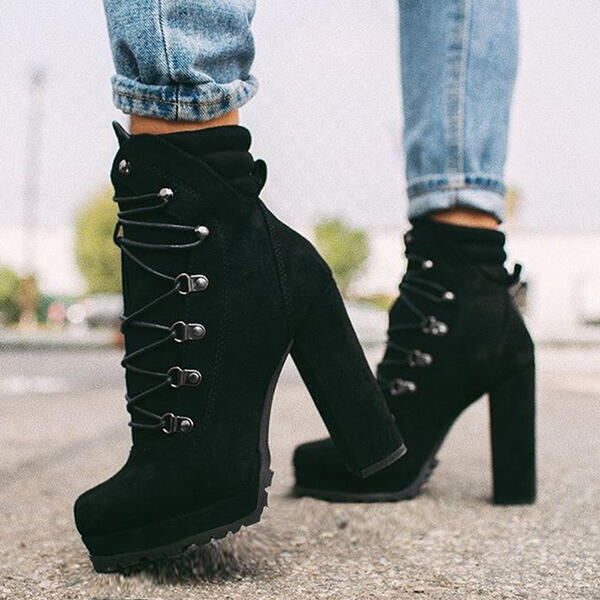 Boots  | Heeled Boots For Women Round Toe Lace UP High Heels Boots Mid Calf Shoes | Black |  Size35| thecurvestory.myshopify.com