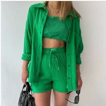 co-ord sets  | Spring Champray Lapel Long Sleeve Shirt High Waist Drawstring Shorts Plus Size Fashion Casual Set | Green |  2XL| thecurvestory.myshopify.com
