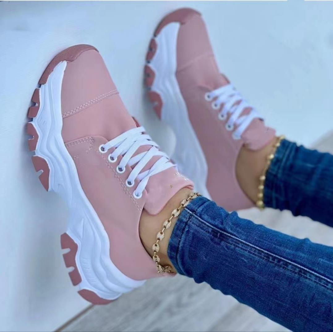sneakers  | Platform Sport Flats Shoes Lace-up Sneaker Outdoor Walking Casual Shoes Women | Pink |  Size36| thecurvestory.myshopify.com