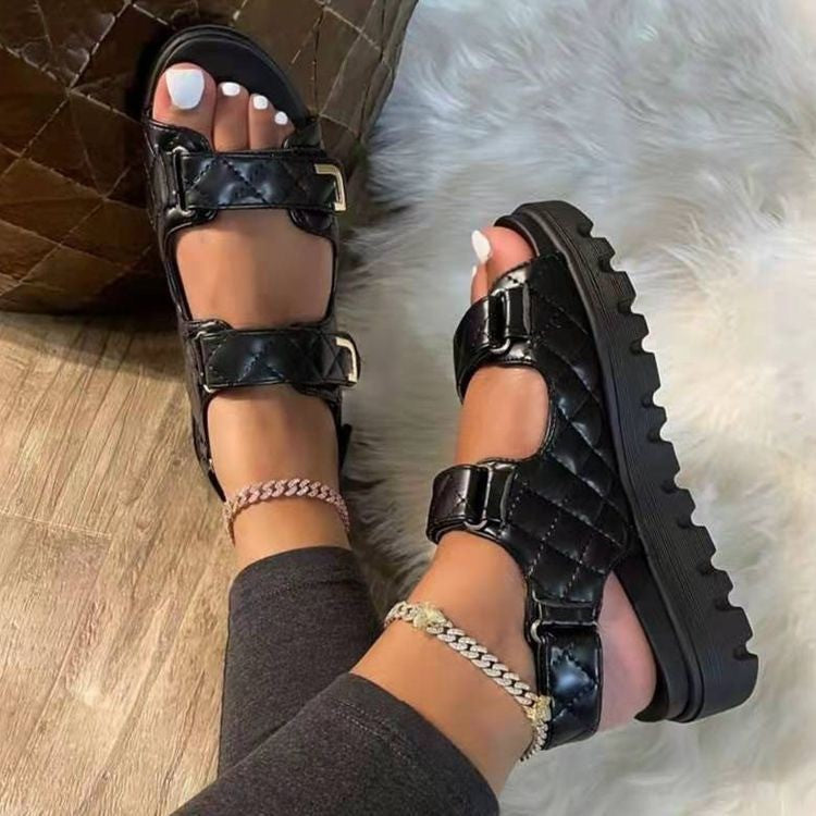 Platform sandals  | Women's Classic Style Plaid Velcro platform sandals | Black |  36| thecurvestory.myshopify.com