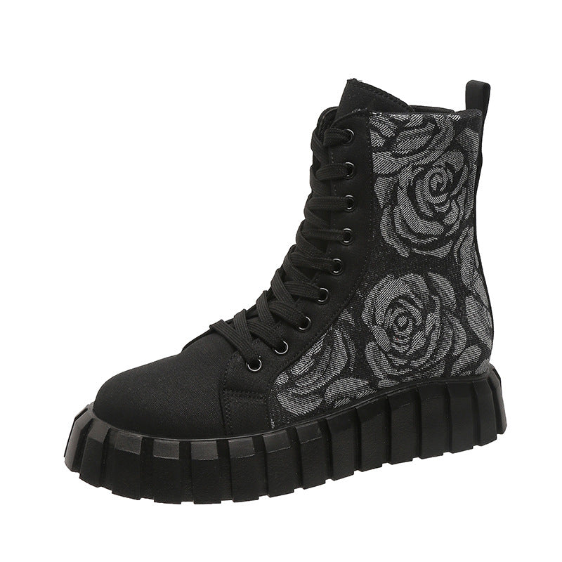 Boots  | Women's Floral Printed Chunky Lace up Ankle Boot | Black Flower |  Size36| thecurvestory.myshopify.com